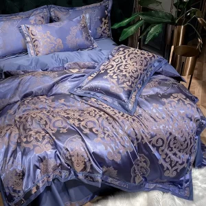 Luxury Blue Gold Gray Smooth Soft Bedding Set Satin Jacquard Cotton Queen King Duvet Cover Bed Sheet Pillowcases Home Textiles