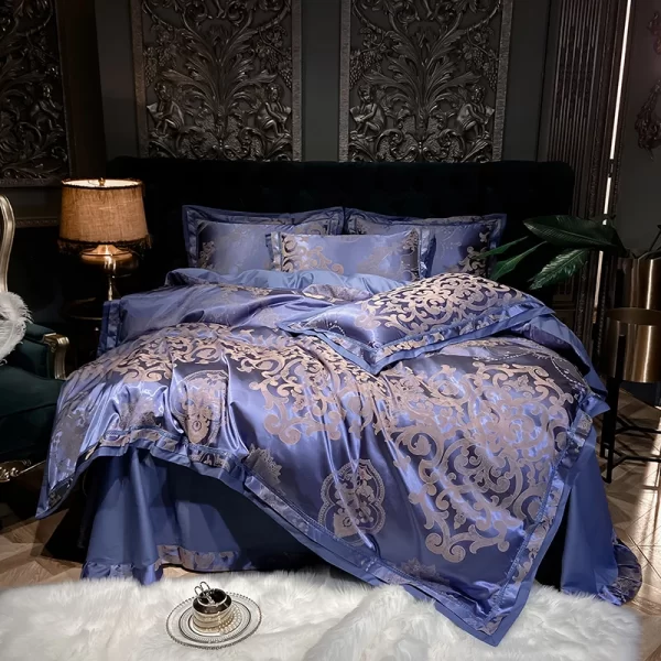 Luxury Blue Gold Gray Smooth Soft Bedding Set Satin Jacquard Cotton Queen King Duvet Cover Bed Sheet Pillowcases Home Textiles - Image 2
