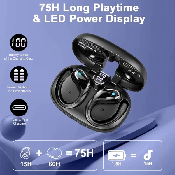Wireless Earbuds Sport, 75H Playtime Bluetooth 5.4 Headphones with HD ENC Noise Cancelling Mic, Waterproof Bluetooth Headphones - Image 3